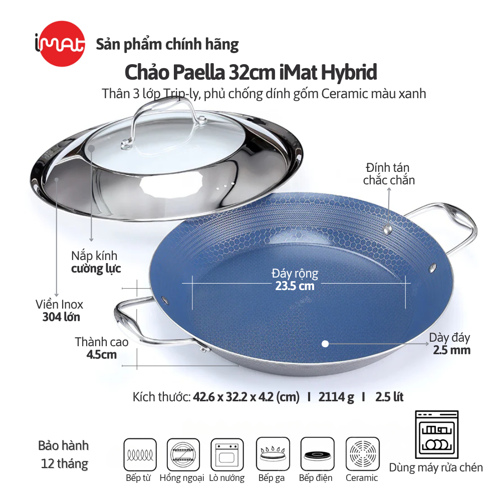 Chảo Đa Năng Size Đại 32cm IMat Hybrid Paella, Chống Dính Ceramic Lòng Xanh. Chiên, Xào, Áp Chảo...