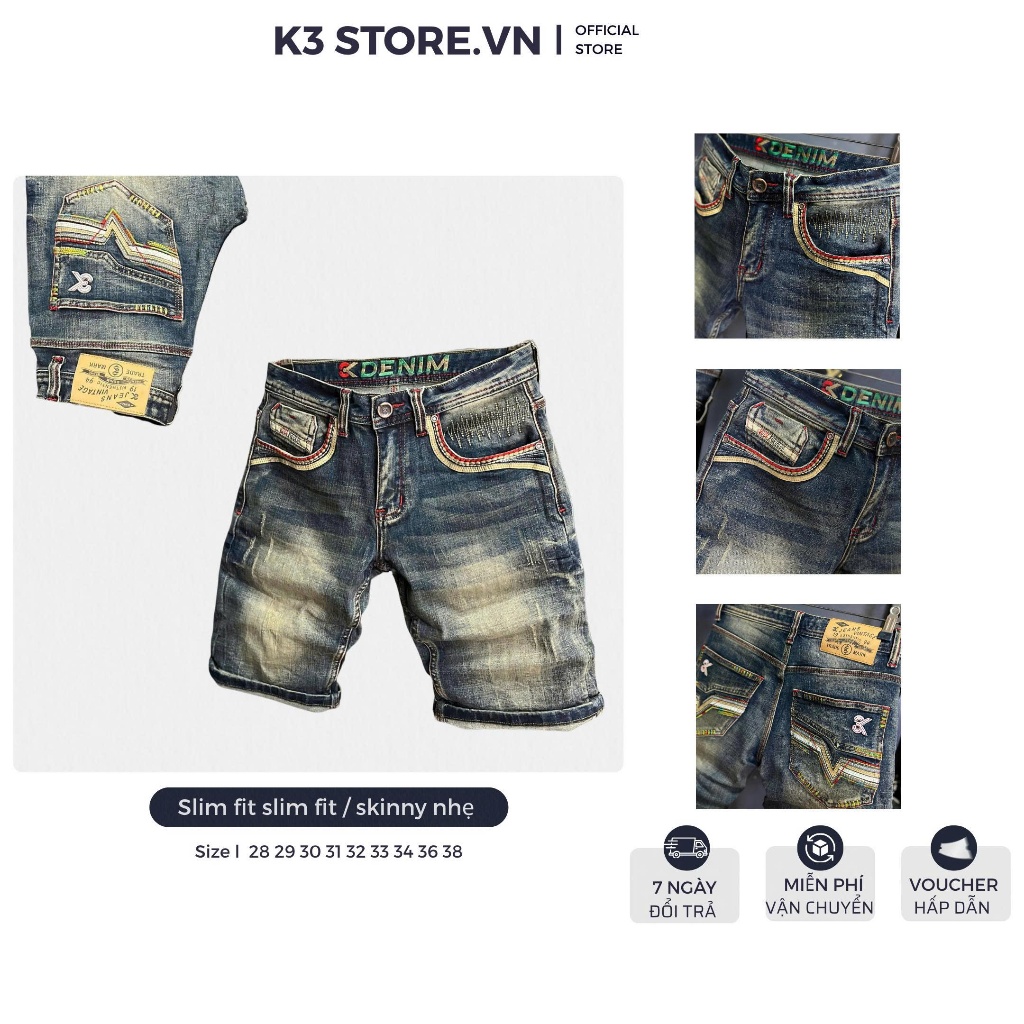 [K3 STORE VN] [3K DENIM] Quần Short Jean Nam Guangzhou Màu Was Retro Phủ Đồng Túi Độ Da Chất Denim S