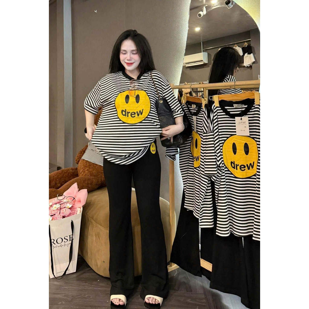 Đồ bộ nữ, set đồ bộ thun gân tăm lạnh quần ống loe có túi và áo drew, bộ đồ mặc nhà, quần áo nữ