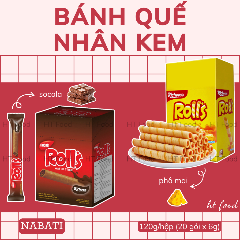HT Food | Bánh quế socola / phô mai nabati roll's (hộp 120g)