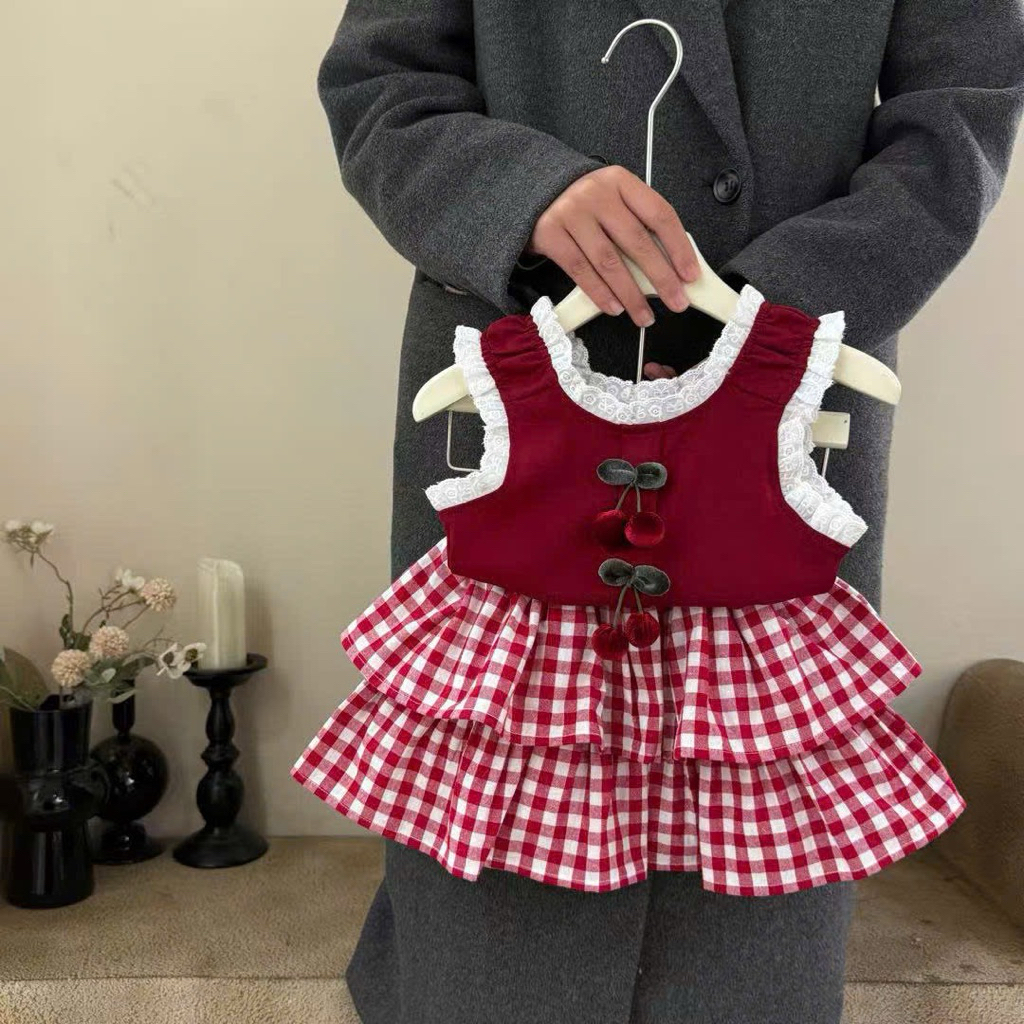 Set bé gái,set váy bé gái,set váy sn tầng caro đỏ bé gái 11-20kg