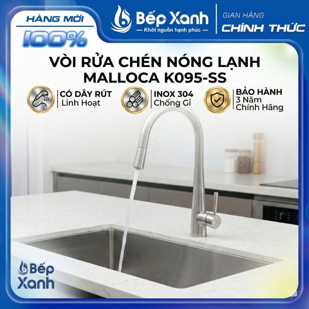 Vòi rửa chén Nóng Lạnh Malloca K095-SS - Có Dây Rút - Inox 304 - Bảo Hành 3 Năm