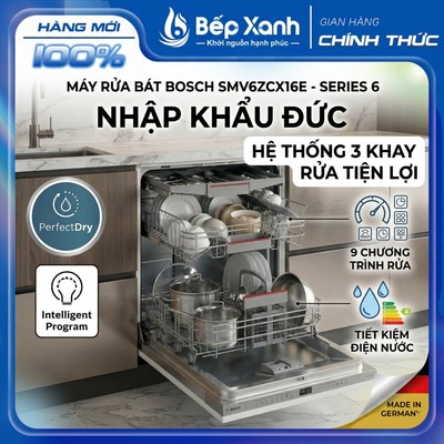 SMV6ZCX16E | Máy rửa bát Bosch SMV6ZCX16E Series 6 (Âm tủ) | Sấy Zeolith khô tuyệt đối | Bảo hành 3 Năm
