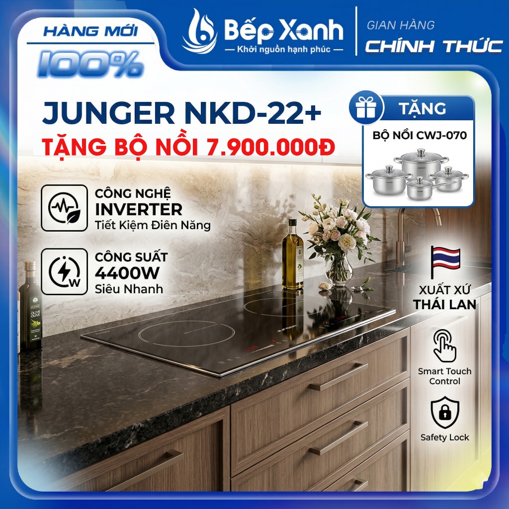 [TẶNG BỘ NỒI JUNGER 7 TRIỆU 9] Bếp từ 2 vùng nấu Junger NKD-22+/MK-22 - Có Inveter - Bảo hành 36 thá