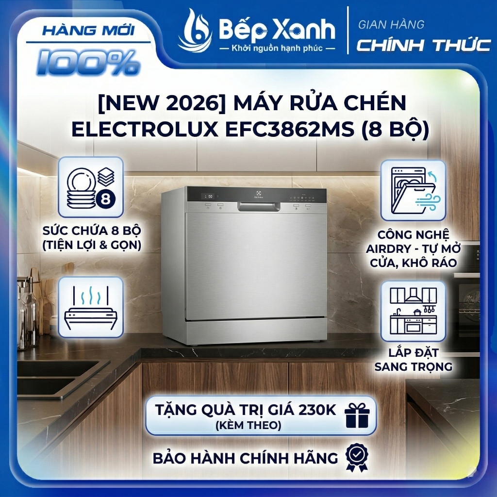 [TẶNG 30V PINECARE] EFC3862MS - NEW 2026 | Máy Rửa Chén Electrolux EFS6010BW/ EFC3862MS 8 Bộ - Đời M
