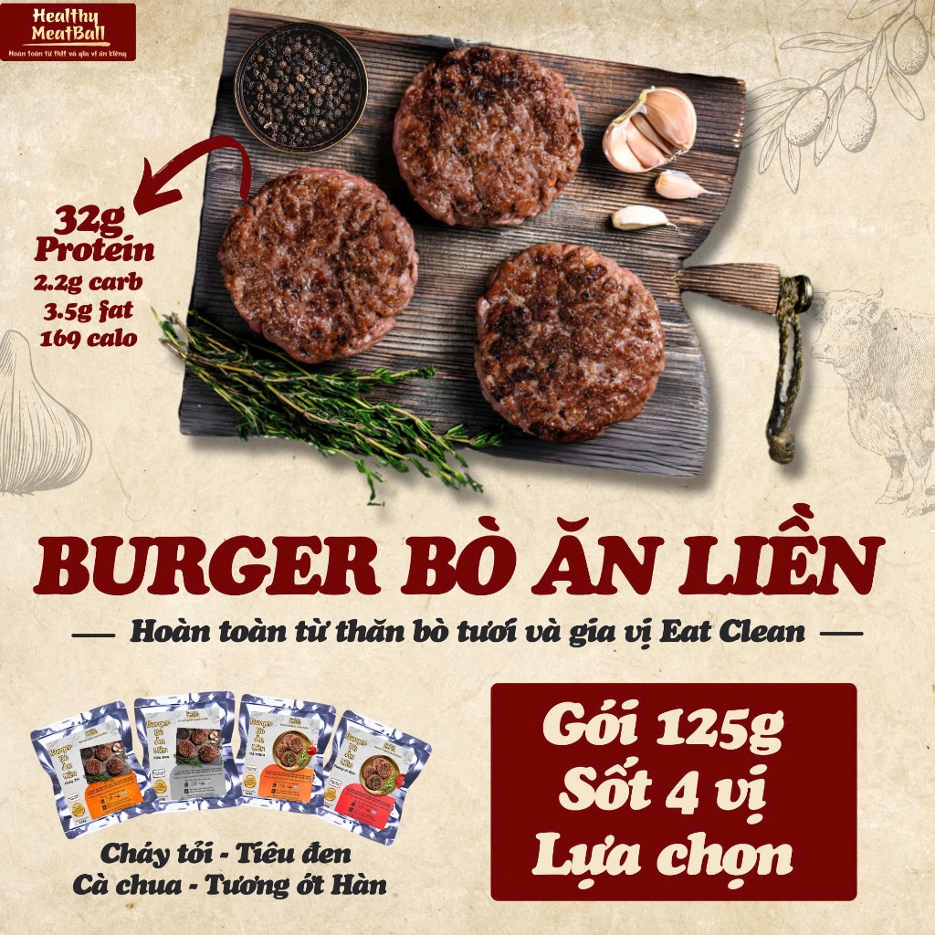 [HỎA TỐC] BURGER BÒ ĂN LIỀN 4 VỊ SỐT HEALTHY MEATBALL 125G