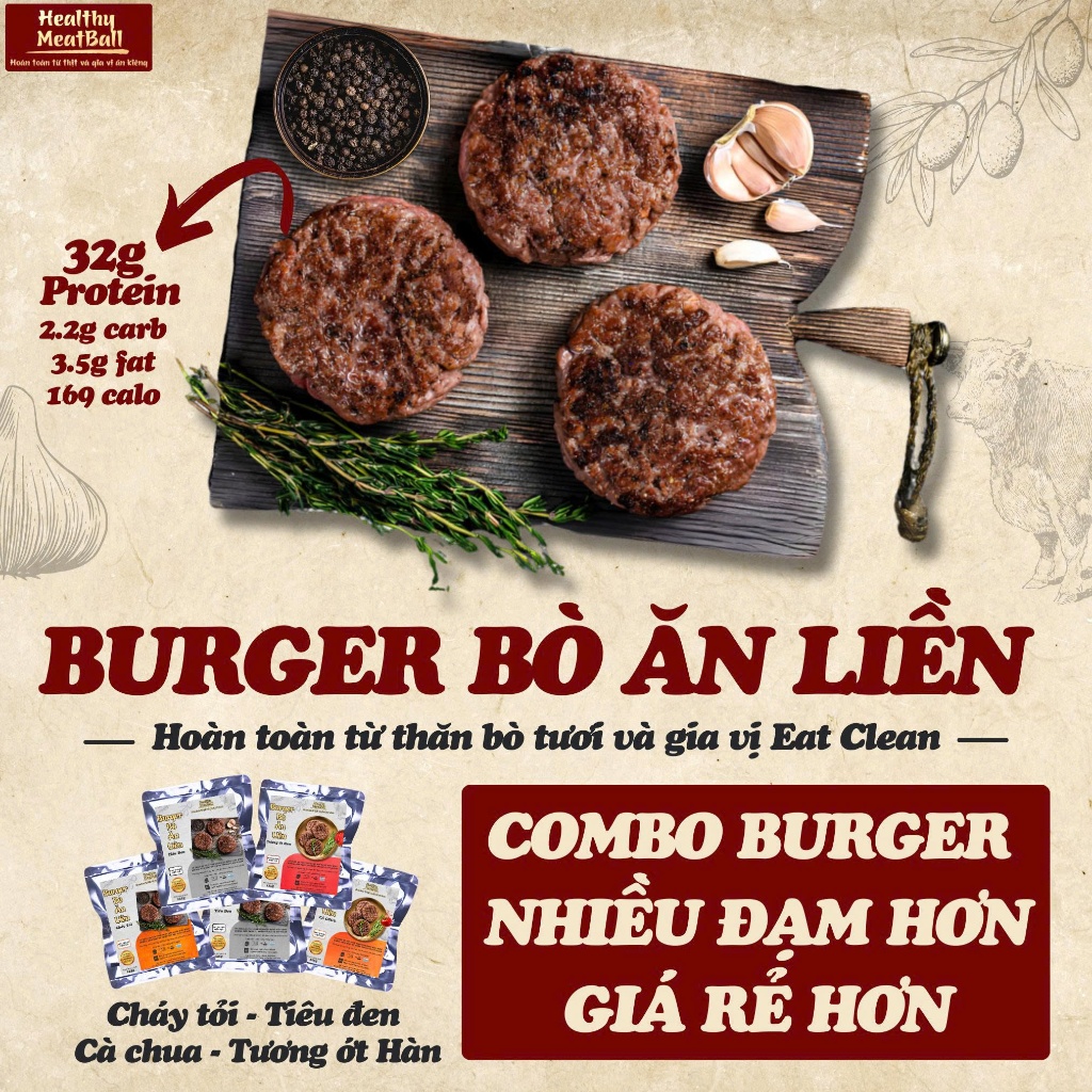 [HỎA TỐC] COMBO 10 GÓI BURGER BÒ 4 VỊ SỐT ĂN LIỀN  HEALTHY MEATBALL 125G