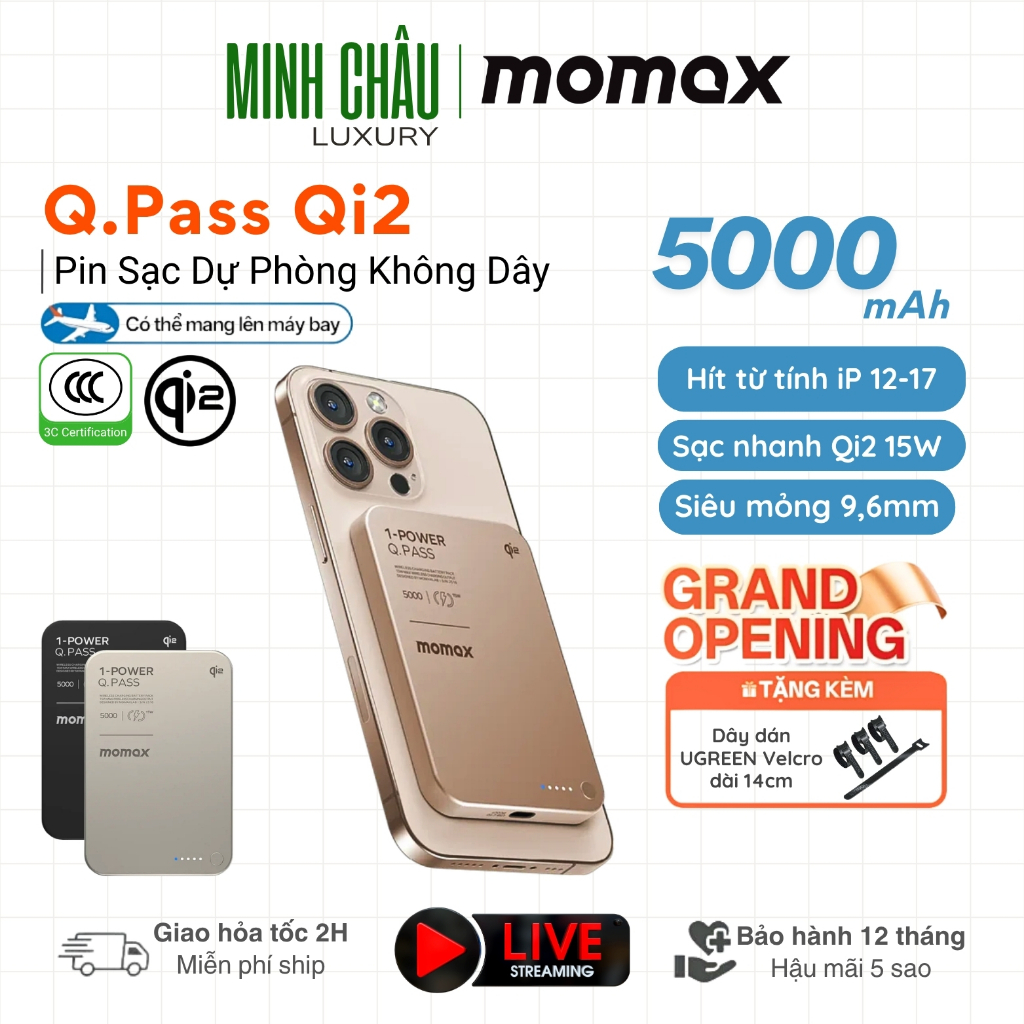【Chứng Chỉ 3C】Pin sạc dự phòng 5000mAh không dây từ tính Momax 1-Power Q.Pass Qi2 | Siêu Mỏng | iP12