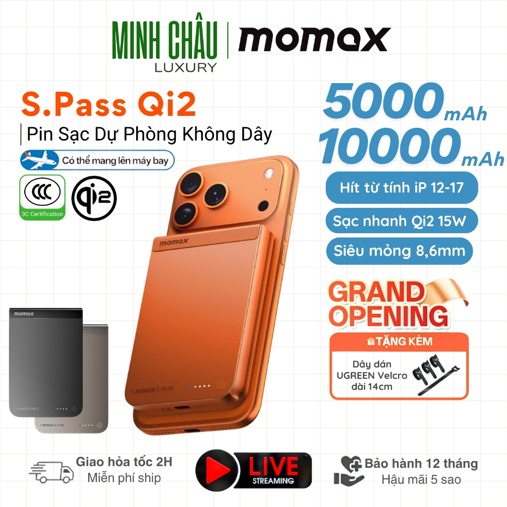 【Chứng Chỉ 3C】Pin sạc dự phòng 5000/10000mAh Momax 1-Power S.Pass Qi2 không dây từ tính, iP12-17 Ser
