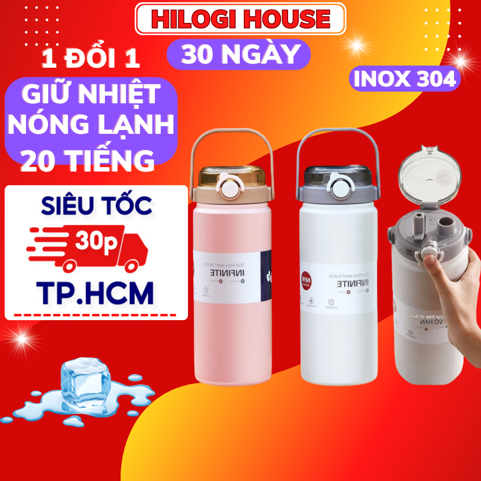 Bình giữ nhiệt inox 316 dung tích 1200ml BOSS, bình nước nắp đậy bật, ống hút và quai xách tiện lợi 