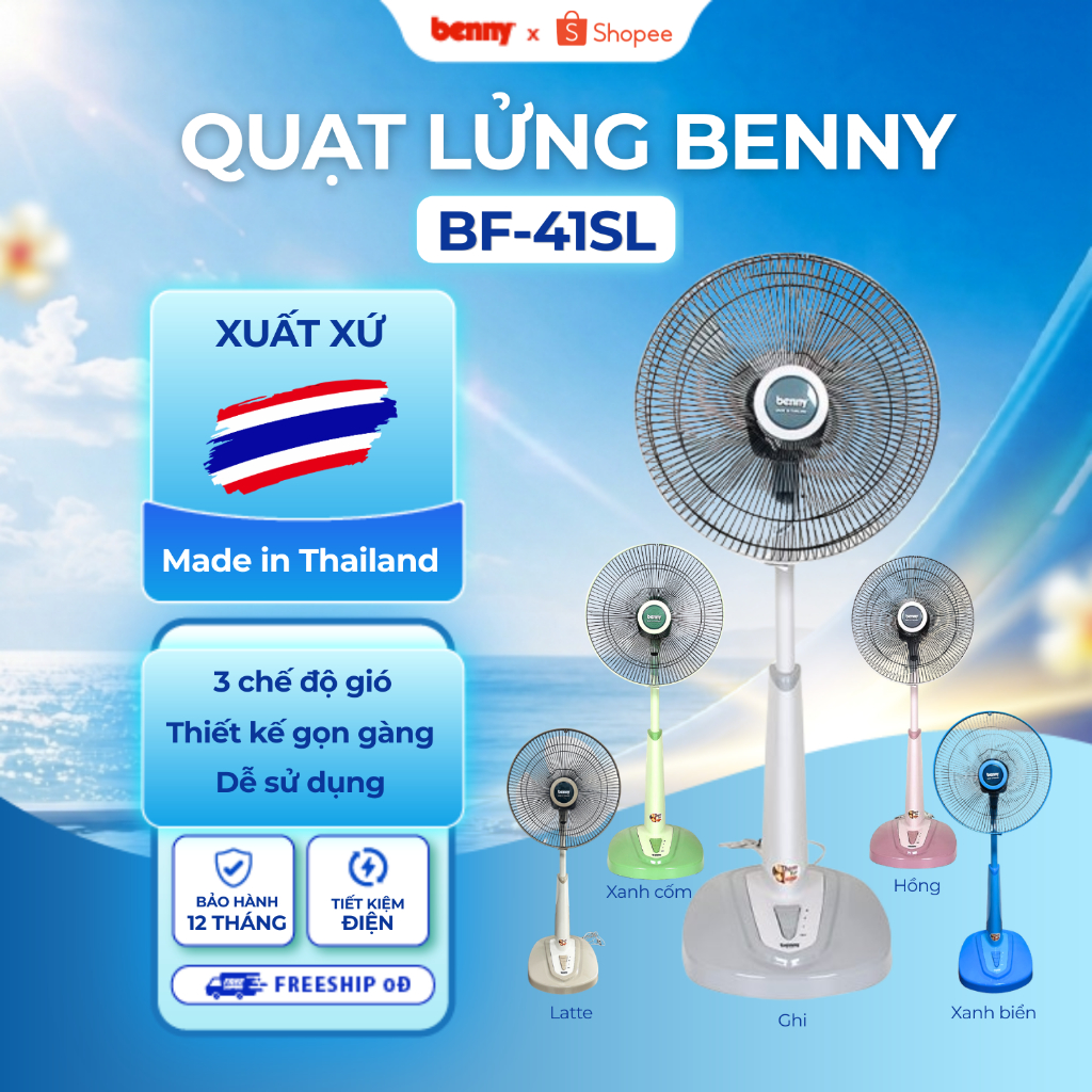 Quạt lửng Thái lan Benny Siêu Mát Siêu Êm BF-41SL, Red/Green/Grey/Pink, 60W, 60m3/phút, cánh 40cm