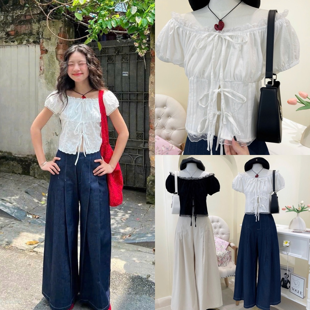 SEP House - Set áo kate trễ vai tay bồng viền ren cột nơ tầng phối quần ống rộng dài trẻ trung, năng