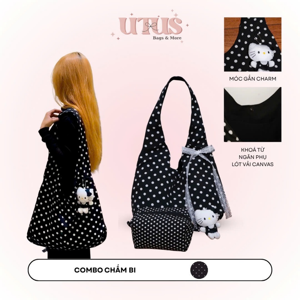[UTUS] Túi Tote Chấm Bi Nữ Trendy, Túi xách nữ đi chơi đi học đi làm, Combo Pouch+Tote Tặng Charm