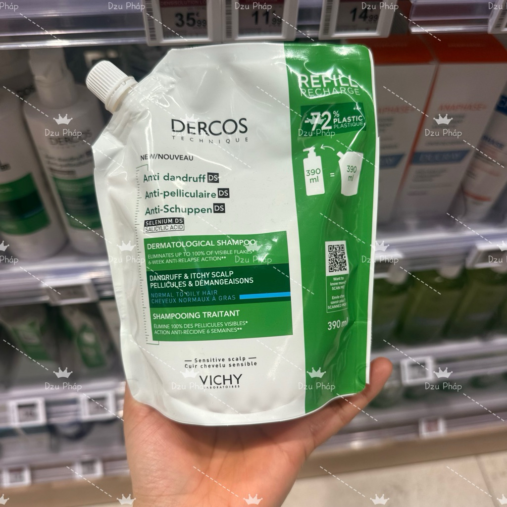 [MẪU MỚI - TÚI 390ML] Vạch xanh tóc dầu -  Dầu gội cho tóc gàu Vichy dercos xanh lá 390ml