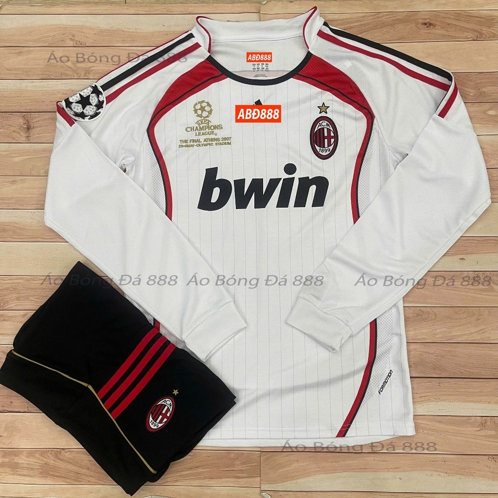 Bộ Quần Áo Bóng Đá Dài Tay CLB AC Milan Sân Khách 2007, Patch Nhung - Vải Polyester Gai Thái Cao Cấp