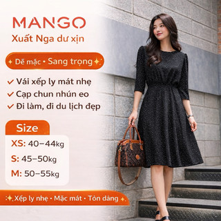 Đầm Mango xuất dư Nga cao cấp vải xếp ly nhún eo co giãn dáng sang mặc công sở du lịch