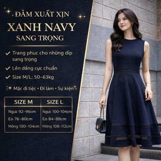 Đầm H-M xanh Navy xuất xịn dáng xòe cao cấp mặc tiệc đi làm cực sang size M L