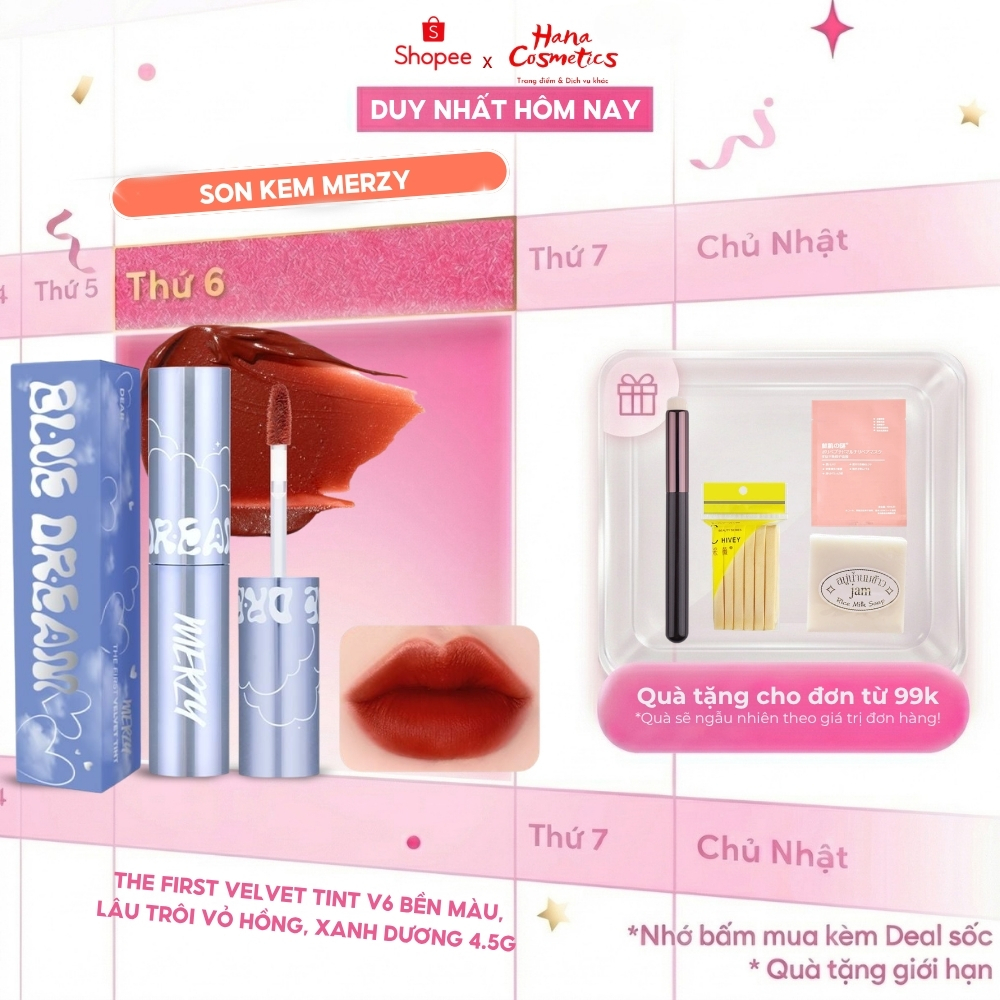 [V6 BLUE DREAM] Son Kem Lì Merzy The First Velvet Tint 4.5g vỏ xanh Date 7/2027
