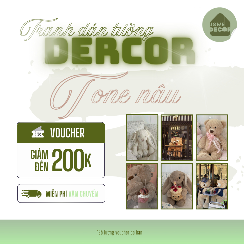 Tranh trang trí chủ đề GẤU BÔNG dán tường Atwork Đèn Decor tone NÂU cute hiện đại trang trí phòng