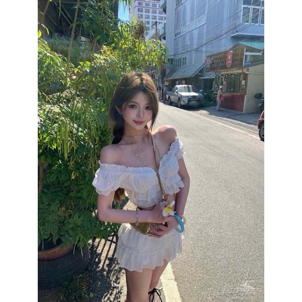 Set áo croptop trễ vai cột dây phối chân váy ngắn TABISHOP Set đồ nữ dễ thương mặc hè đi biển đi du lịch(317) | BigBuy360 - bigbuy360.vn