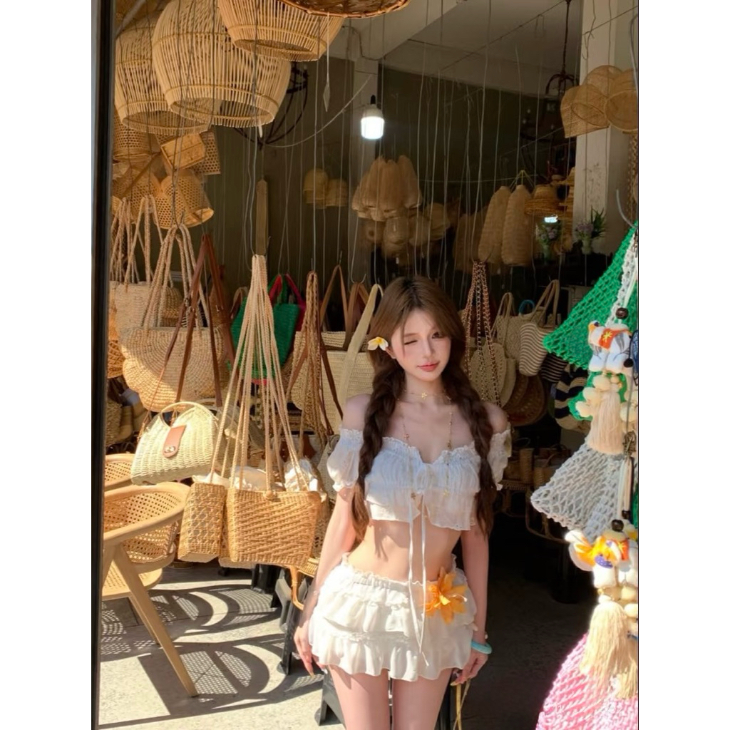 Set áo croptop trễ vai cột dây phối chân váy ngắn TABISHOP Set đồ nữ dễ thương mặc hè đi biển đi du lịch(317) | BigBuy360 - bigbuy360.vn
