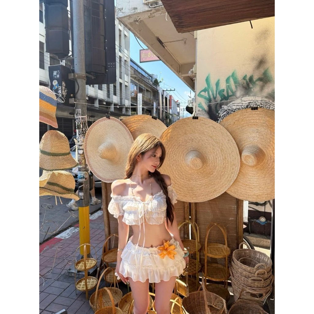 Set áo croptop trễ vai cột dây phối chân váy ngắn TABISHOP Set đồ nữ dễ thương mặc hè đi biển đi du lịch(317) | BigBuy360 - bigbuy360.vn