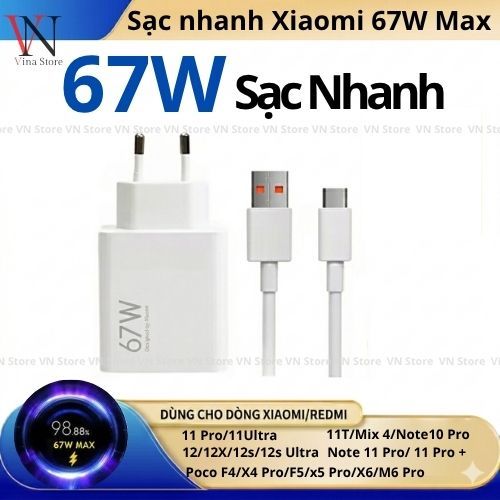 Sạc nhanh Xiaomi, bộ sạc nhanh xiaomi 67w max phù hơp các dòng xiaomi redmi note 33w 45w 67w