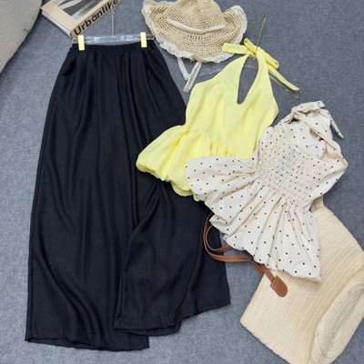 Set Bộ Bigsize Nữ Tiểu Thư Áo Cổ Yếm Peplum Phối Quần Ống Rộng Culottes Nữ Tính A193+Q564