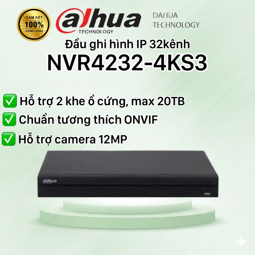 Đầu ghi hình IP 32 kênh DAHUA DHI-NVR4232-4KS3, HỖ TRỢ 2 KHE CẮM Ở CỨNG MAX 20TB/1Ổ, CHUẨN ONVIF - C