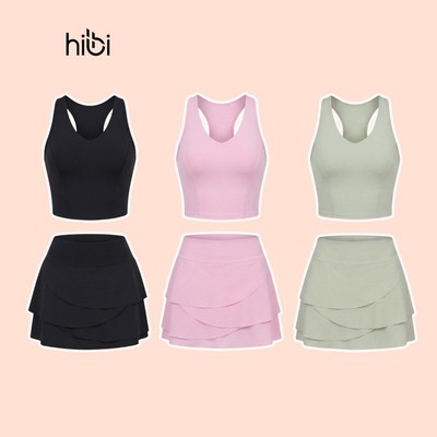 Đồ tập Pickleball nữ Hibi Sports gồm áo CR849 & chân váy SK013, kèm mút đệm áo, vải Luxury Hi Fabric