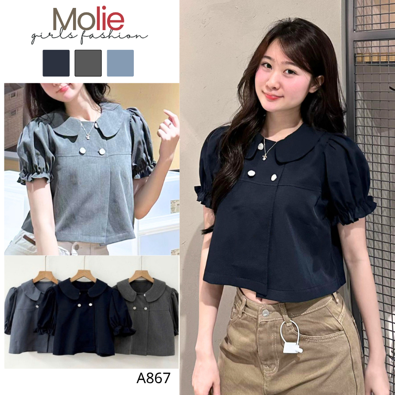 Áo Sơ Mi Cổ Sen Tay Bồng Chun Cúc Ngọc A867 Croptop Tiểu Thư MoLie Fashion