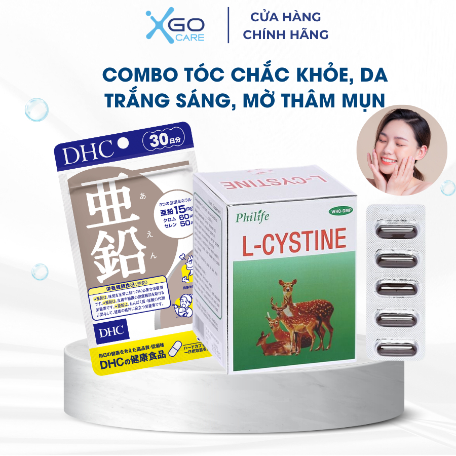 Combo viên uống L-Cystine 500mg và Kẽm DHC Zinc giảm mụn sáng da ngăn rụng tóc hiệu quả