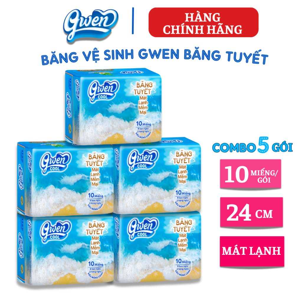 Băng Vệ Sinh Gwen Cool Băng Tuyết 10 Miếng, Mặt Vải Có Cánh, Mát Lạnh(Combo 5 Gói)