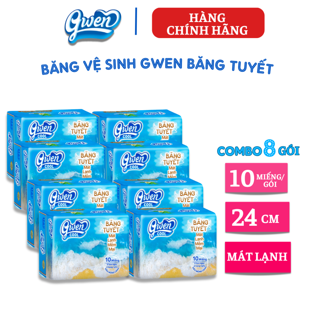 Băng Vệ Sinh Gwen Cool Băng Tuyết 10 Miếng Mặt Vải Có Bạc Hà Mát Lạnh(Combo 8 Gói)