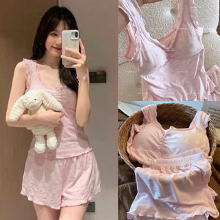 [Od] Đồ Bộ Ngủ Quần Cộc Thun Tăm Co Dãn 4 Chiều Có Kèm Mút Ngực, Set ngủ màu hồng bèo