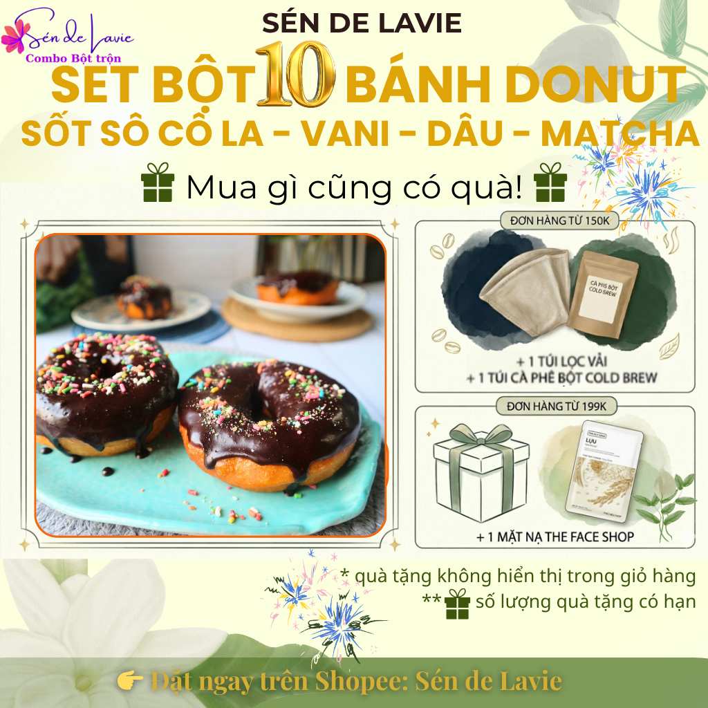 Set bột làm 10-15 Bánh Donut Sốt Sôcôla, Matcha Trà xanh, Dâu, Vani với 3 loại topping cốm, hạnh nhâ