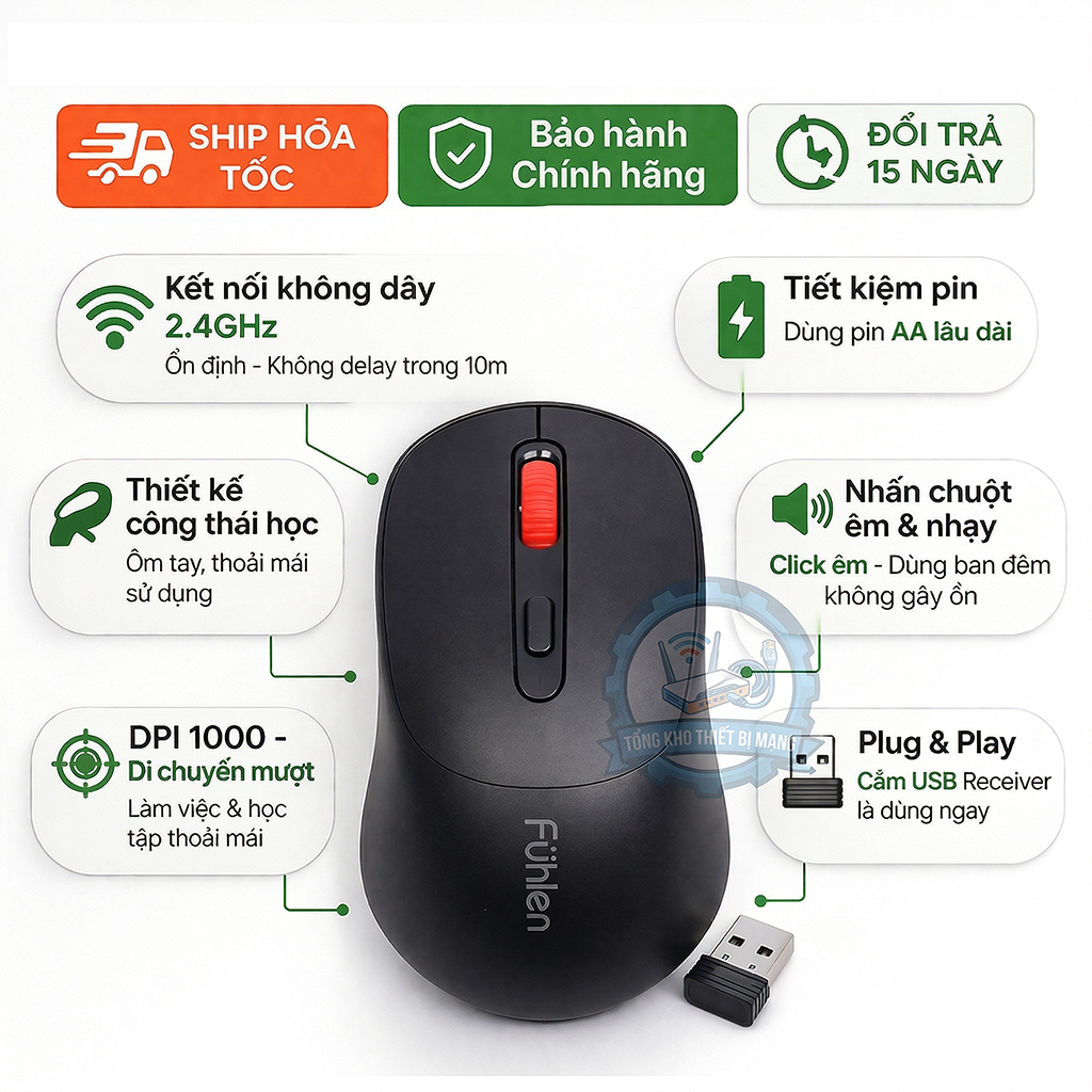 Chuột Không Dây Fuhlen M06S 1600DPI Wireless Laptop PC Nhạy Êm Pin Lâu Bảo Hành Chính Hãng 24 Tháng