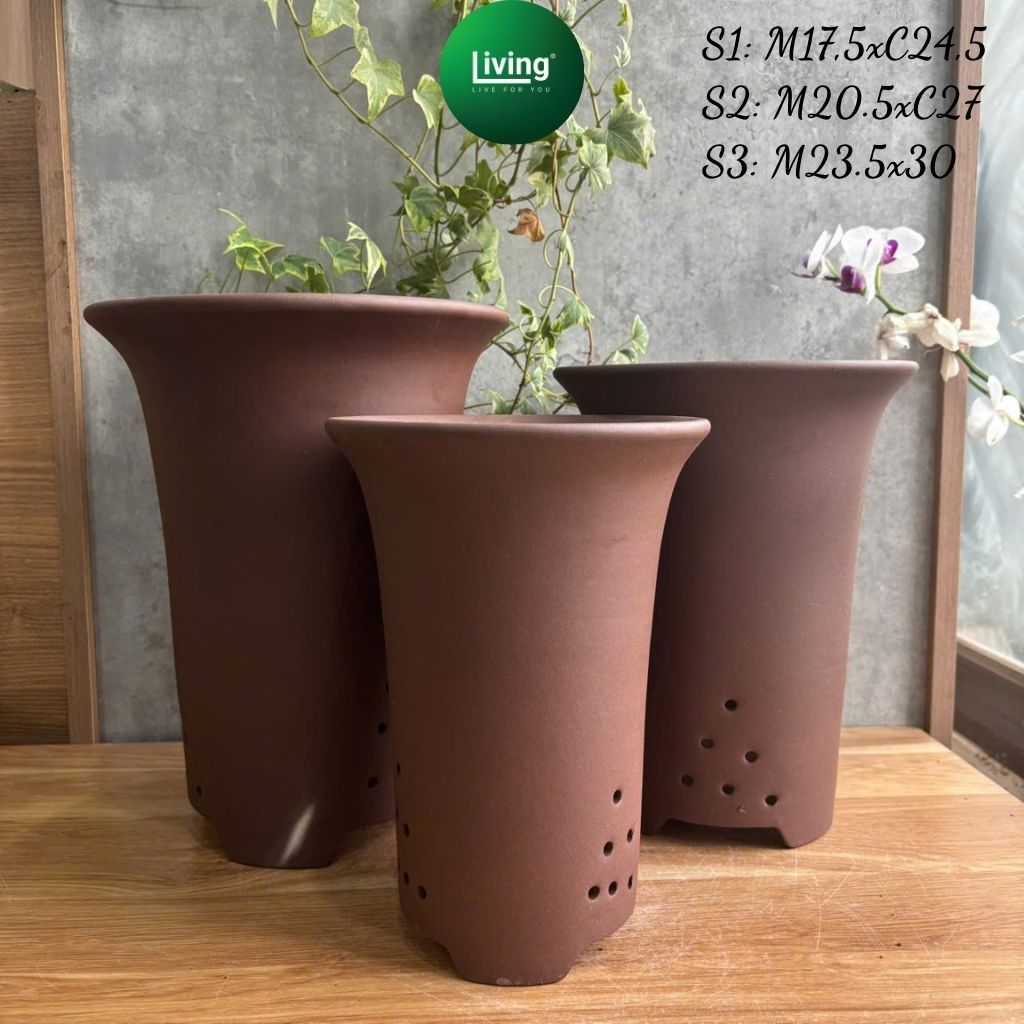 Chậu Lan Gốm Tàu Cao Cấp - Chậu Đất Sét Tím (Tử Sa) Dáng Cao Thoáng Khí Trồng Địa Lan, Lan Kiếm, Hồ 