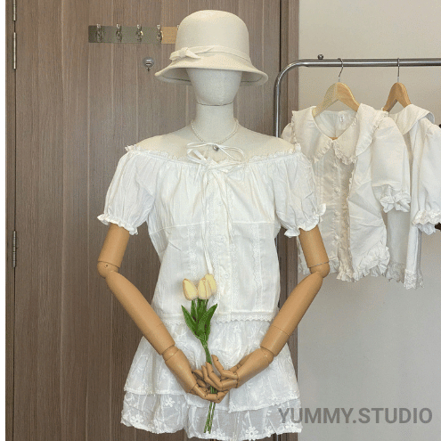 [SẴN|ẢNH THẬT] Áo sơ mi ngắn tay trắng thắt nơ Yummy phối ren, Áo sơ mi cách điệu dễ thương S08 | BigBuy360 - bigbuy360.vn