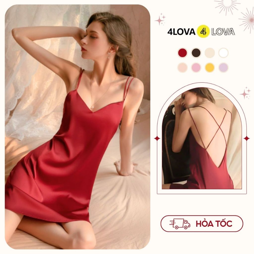 Váy ngủ lụa 2 dây sexy 4LOVA cao cấp kiểu đan lưng sang trọng quyến rũ Mimora - EVA2031