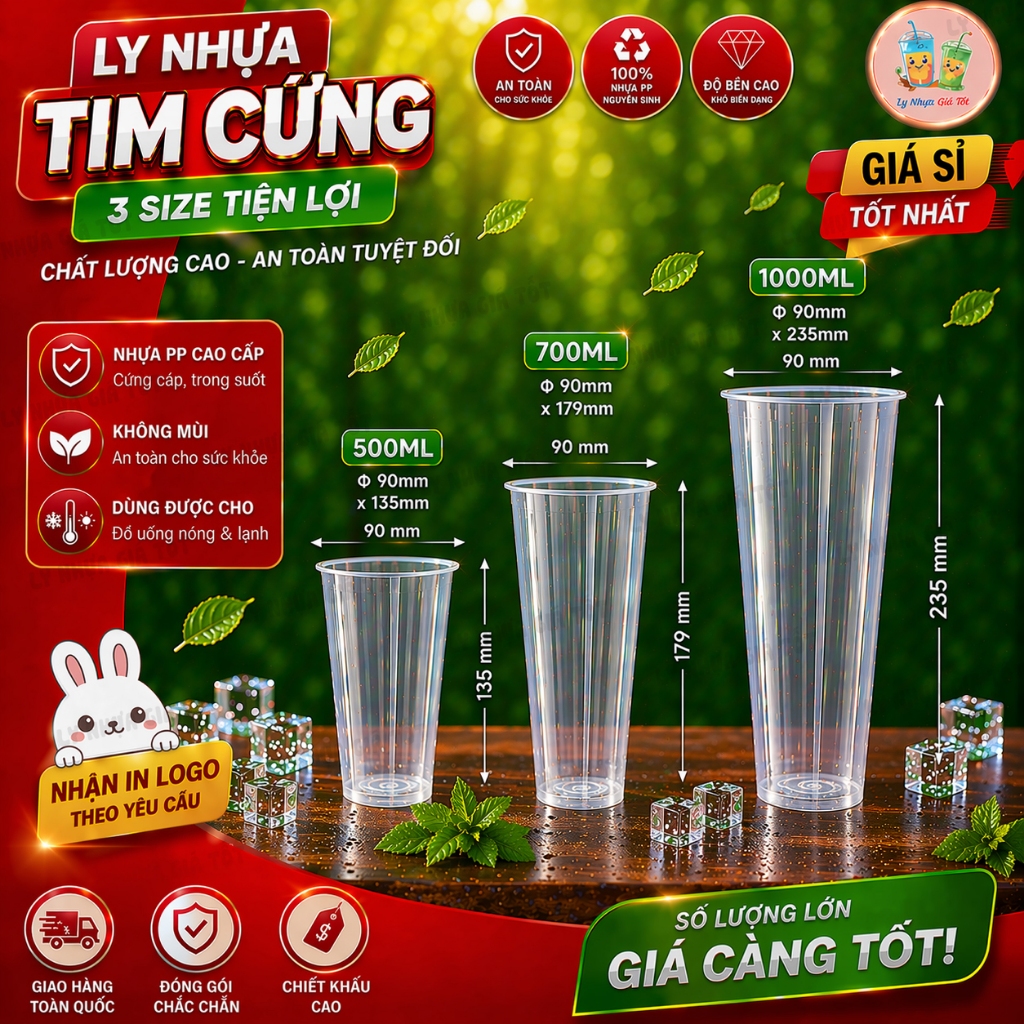 Set 50 Ly Nhựa PP Cứng Tim UKP, Dung Tích 500ml, 700ml, 1000ml, Ly chất lượng cao, chính hãng UKP.