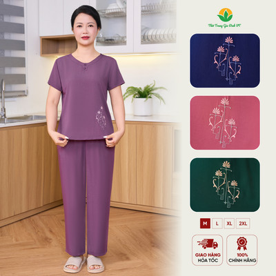 Bộ đồ mặc nhà lanh trung niên quần dài, áo cộc tay chéo thêu gấu - Thời trang Việt Thắng B28.6006