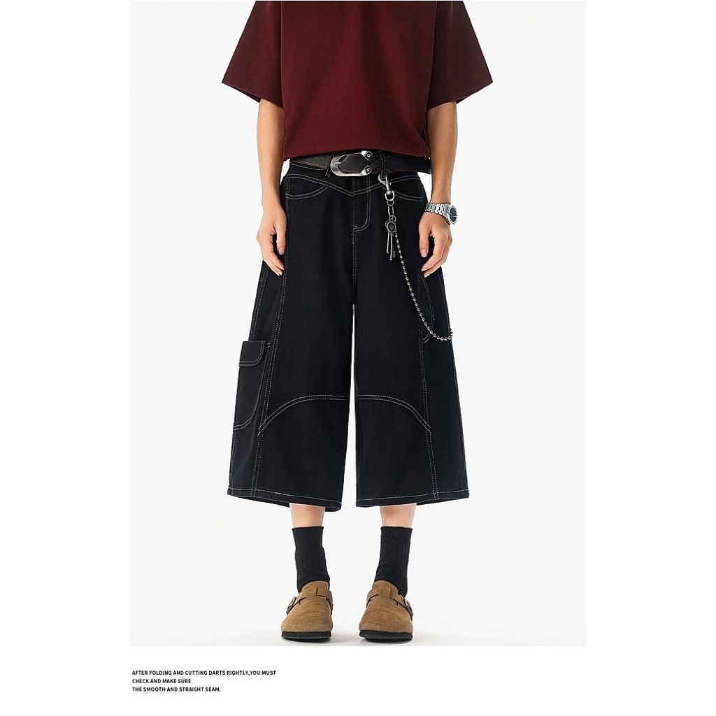 Quần jean nam dáng lửng, quần short lửng ngố chất jean màu đỏ đen ống rộng form baggy hottrend mùa hè | BigBuy360 - bigbuy360.vn
