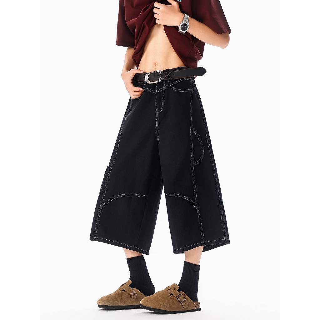 Quần jean nam dáng lửng, quần short lửng ngố chất jean màu đỏ đen ống rộng form baggy hottrend mùa hè | BigBuy360 - bigbuy360.vn