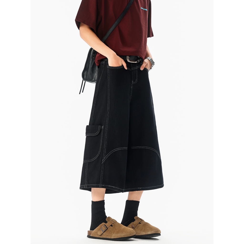 Quần jean nam dáng lửng, quần short lửng ngố chất jean màu đỏ đen ống rộng form baggy hottrend mùa hè | BigBuy360 - bigbuy360.vn