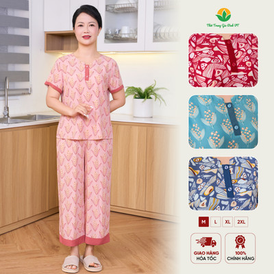 Đồ bộ trung niên mặc nhà Viêt Thắng chất Lanh tole mềm mát quần lửng áo cộc tay họa tiết B06.6026