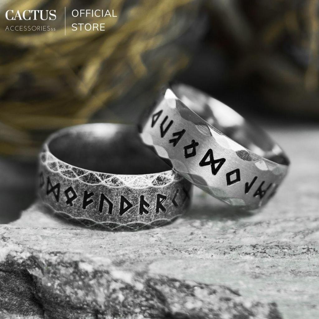 Nhẫn khắc kí tự cổ ngữ, nhẫn Rune tròn vát cạnh thép titan không gỉ - Cactus Accessoriesss