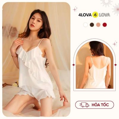 Bộ ngủ lụa 4LOVA áo bèo 2 dây quần short mềm mại quyến rũ Melody - EVA0158