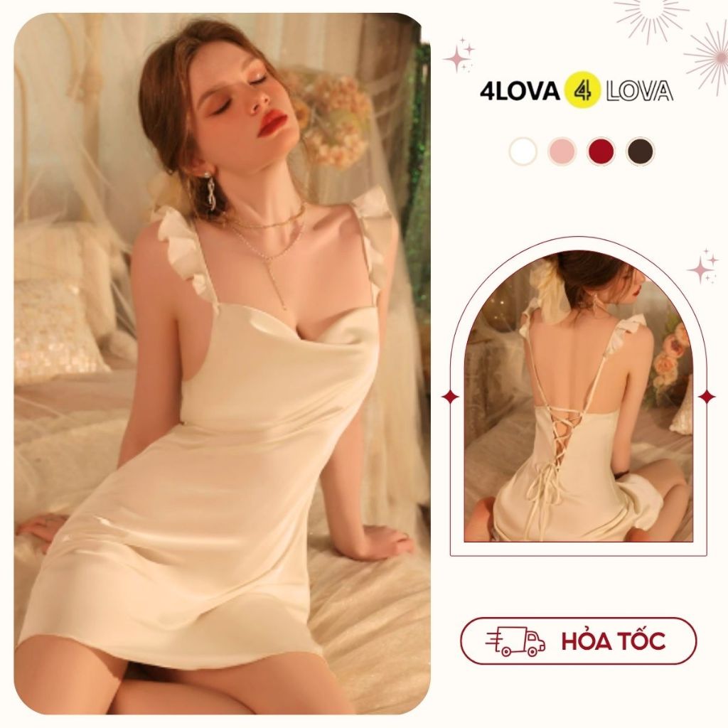 Váy Ngủ Lụa Ngọc Trai Cao Cấp 2 Dây Cánh Tiên Đồ Mặc Nhà Nữ Quyến Rũ Mềm Mại Sang Trọng EVA126