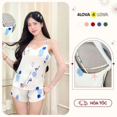Bộ lụa 4LOVA mặc nhà thiết kế áo đan lưng quần short họa tiết thanh lịch Lam Khuê - EVA2035